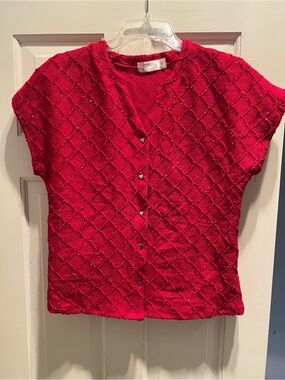 Cure Petites Red V-Neck Diamond Knit Short Sleeve Button Cardigan Sweater PS
